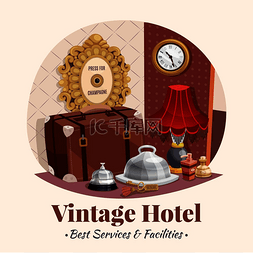 旅程插图图片_彩色圆形复古酒店组合，提供最佳