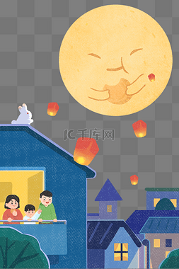 夜景月圆图片_卡通中秋节节日一家人夜晚赏月场