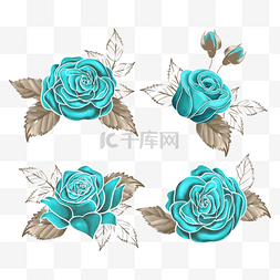 蓝色玫瑰花朵与白金叶子组图