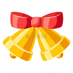 声音红色图片_带红色蝴蝶结的金色铃铛的插图。