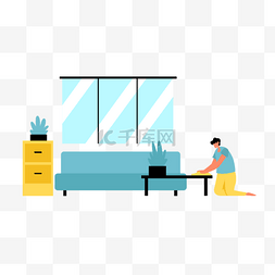 沙发客厅插画图片_客厅里坐在地上擦桌子家庭清洁插