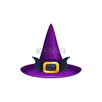 卡通女巫帽矢量图标，带金扣和蝙蝠翅膀的紫色魔术师头饰。