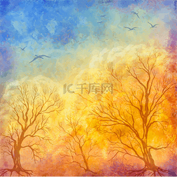 矢量油画秋天的树木，飞行的鸟类