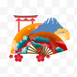 日本特色建筑图片_红色鸟居扇形富士山