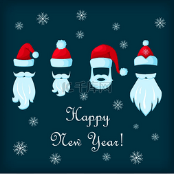 新年快乐插图图片_圣诞老人帽、白色胡须和蓝色背景