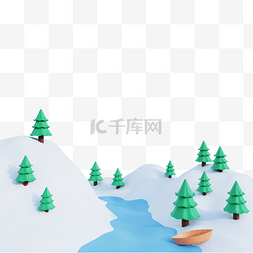松树下雪图片_3DC4D立体冬季雪山松树河流雪景