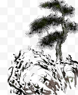 水墨风景树叶图片_岩石上的松树