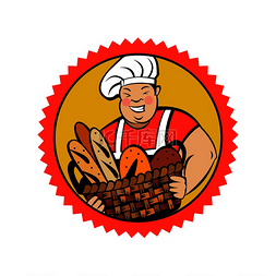 一个烤面包图片_一个可爱的微笑面包师拿着一大篮