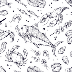 手绘无缝背景图片_海洋食物模式线条艺术和涂鸦风格