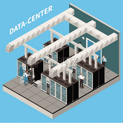 云数据矢量图图片_数据中心等距和彩色图标集房间与