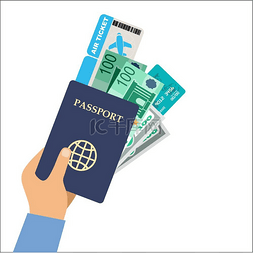 身份认证3图片_男子手拿着护照、机票和钱。