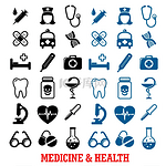 医学和健康图标设置有医院和药房标志、护士、救护车、急救箱、药丸、注射器、听诊器、心电图、牙齿、眼镜、dna、显微镜的黑色和蓝色轮廓。