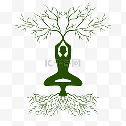 卡通瑜伽运动人物图片_植物根系剪影瑜伽人物和树
