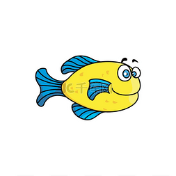 海洋动物黄色图片_卡通黄色鱼与蓝色鳍孤立的海洋动