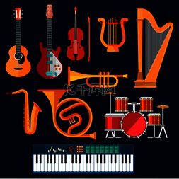 鼓插图图片_乐器图标带有鼓组、原声吉他和电