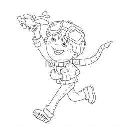 卡通手绘男孩玩具图片_着色页大纲的卡通男孩与玩具飞机