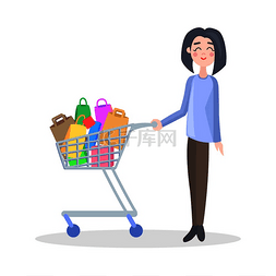 购物车图图片_购物车装满货物矢量图的女人。