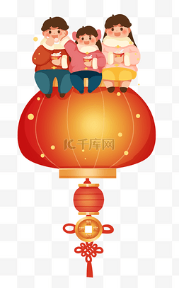 创意中国元宵图片_元宵节一家人坐在灯笼上吃汤圆