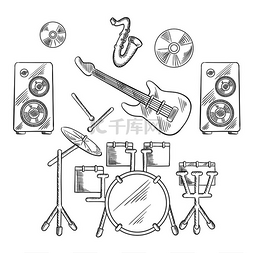 鼓乐器乐器图片_带鼓组、电吉他、鼓棒、萨克斯管