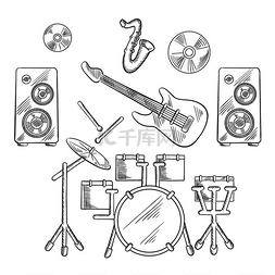 萨克斯鼓吉他图片_带鼓组、电吉他、鼓棒、萨克斯管