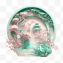 中国风玉石质感浮雕粉彩凉亭2