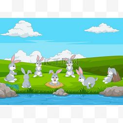 在草地上玩耍的卡通兔子