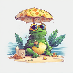 夏天手绘沙滩喝饮料青蛙