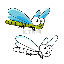 卡通微笑的绿色蜻蜓昆虫，有着细