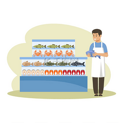 超级市场海鲜冷冻柜鱼店卖者矢量