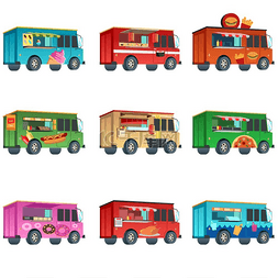 热狗车图片_五颜六色的食品卡车图标设计的矢
