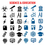 科学和教育平面图标设置有大学、书籍、实验室眼镜、计算机显微镜地球仪毕业帽铅笔、指南针、dna、原子、生物危害、电力、氧气。