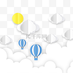 剪纸白色云朵和卡通热气球