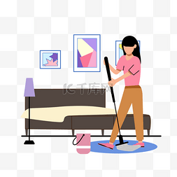 家庭沙发图片_妈妈用拖把清洁房屋地面插画