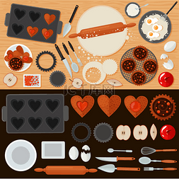 面包甜点集与成分和厨房的工具