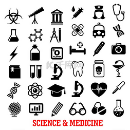 科学显微镜图片_科学和医学平面图标与救护车医院
