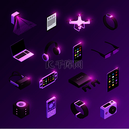 广告紫色背景图片_创新的电子技术小工具等距图标设