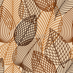 秋季无缝图案与轮廓棕色和橙色叶