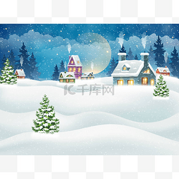 冬夜乡村风景,雪覆房屋.圣诞节假