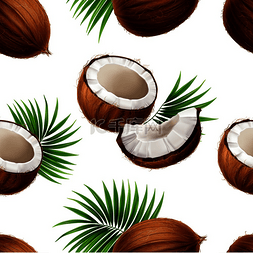 切开的椰子图片_整个和切开的椰子，棕榈叶散落在