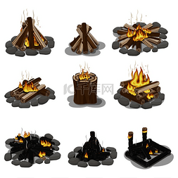 壁炉木柴图片_燃烧的篝火原木收集隔离在白色上