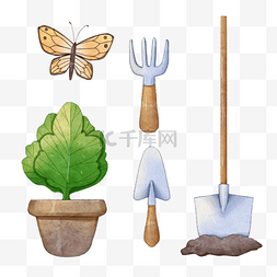 仙人掌类植物图片_花园工具和蝴蝶水彩