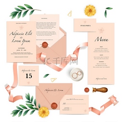 文字标题背景矢量图片_逼真的粉红色婚礼请柬模板集，带