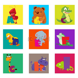 河马大象卡通图片_从 A 到 I 的字母表动物的矢量插图