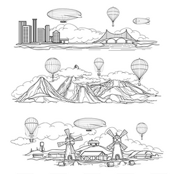 卡通冒险图片_有热气球游行的风景。