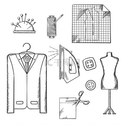 挂在衣架上的包图片_裁缝工具和配件素描图标设置在衣