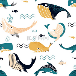 卡通海洋海洋动物图片_鲸鱼图案无缝印花卡通海洋游泳人