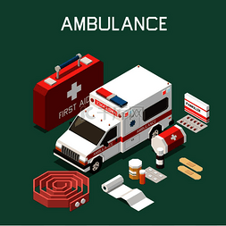 药物矢量图图片_救护车和急救箱带石膏绷带药物三