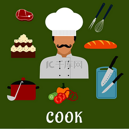 厨师职业平面图标与男人在厨师帽
