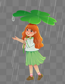 绿色露珠图片_雨水下雨春天绿色幸运草露珠女孩