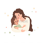 妈妈拥抱她的儿子。祝你全家快乐母亲爱孩子，抚养和关心孩子。国际母亲日。漂亮的棕色头发和脸蛋的人